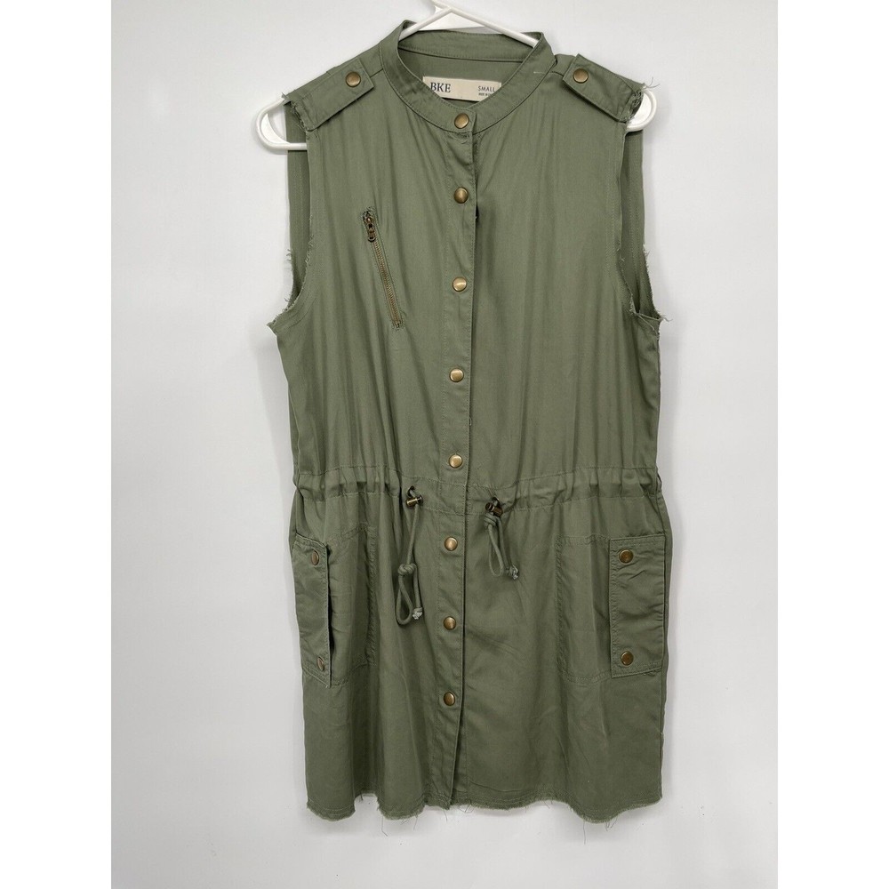 BKE Small Utility Dress Womens Olive Green Excellent Tencel Snap Front Sleeveles